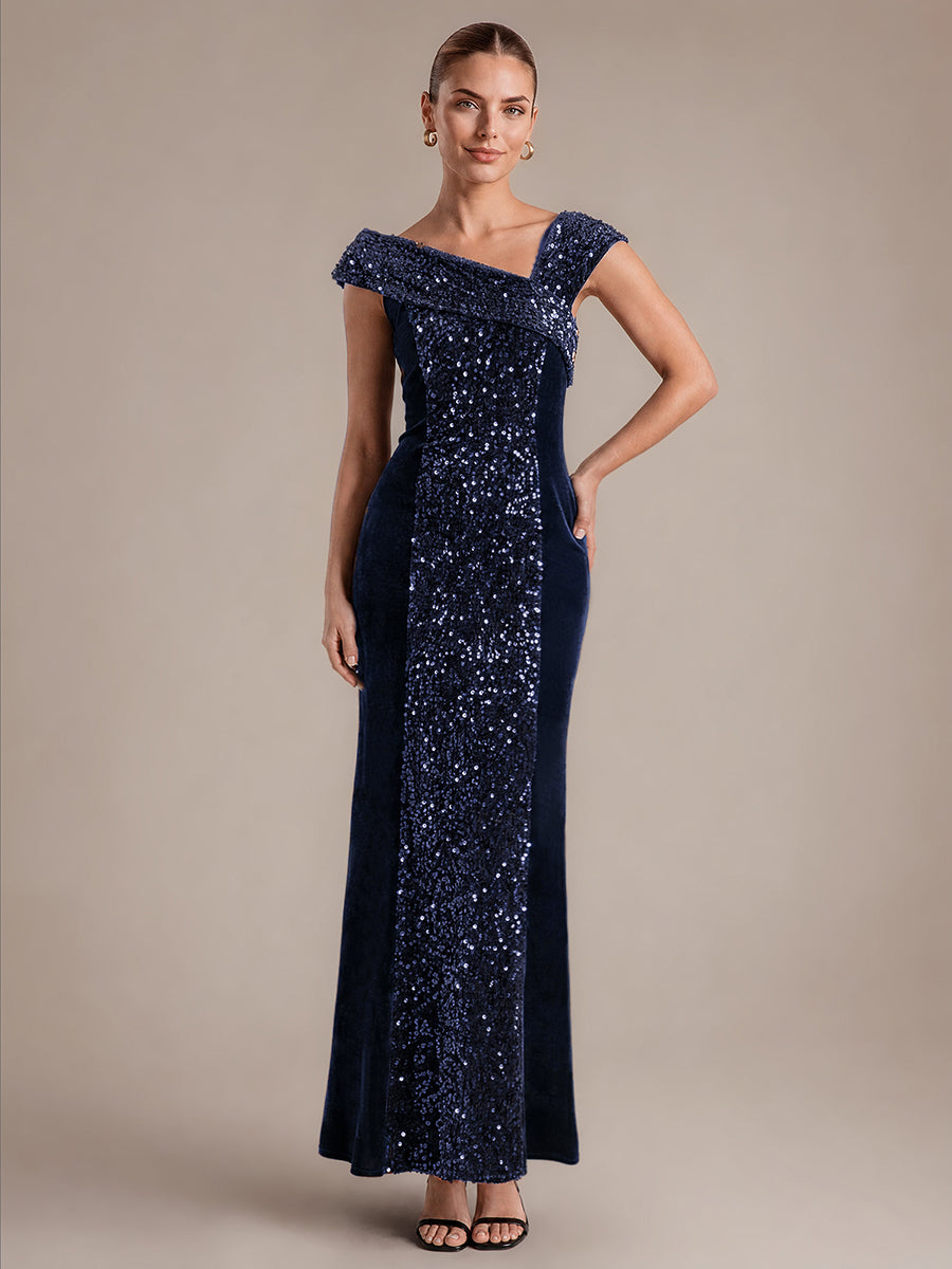 Sequin Velvet Cap Sleeve Evening Dress #color_Navy Blue
