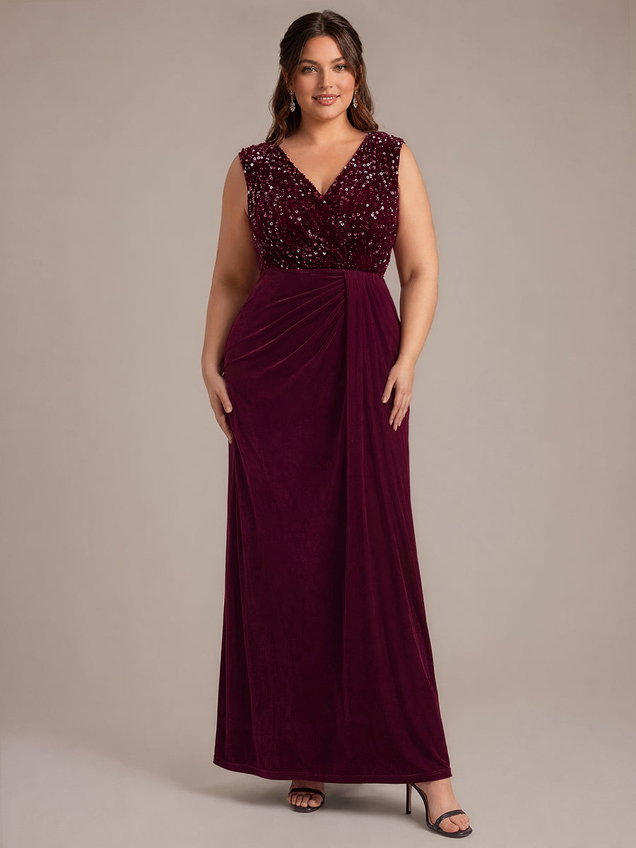 Plus Size V-Neck Sequin Velvet Evening Dress #color_Burgundy