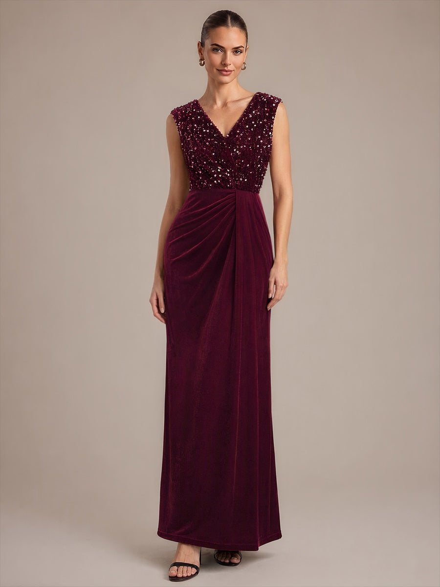Sequin Velvet V-Neck Sleeveless Evening Dress #color_Burgundy