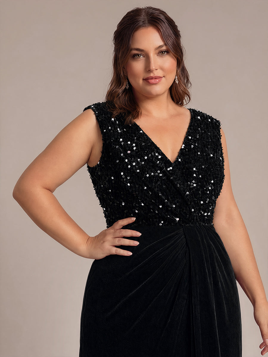 Plus Size V-Neck Sequin Velvet Evening Dress #color_Black