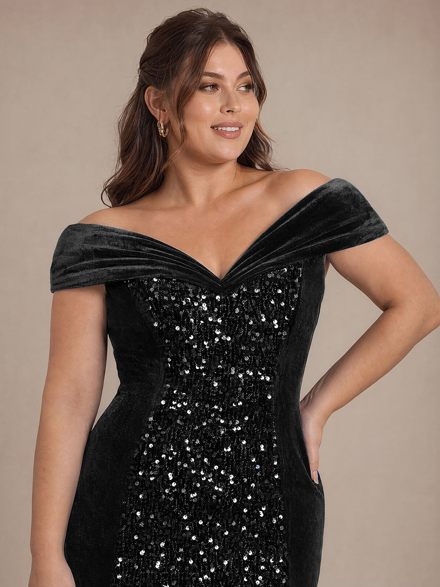 Sequin Velvet Cap Sleeve Mermaid Evening Dress #color_Black