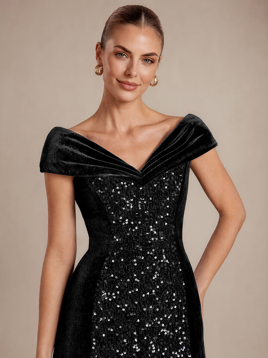 Sequin Velvet Cap Sleeve Mermaid Evening Dress #color_Black