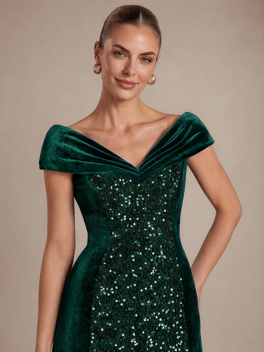 Sequin Velvet Cap Sleeve Mermaid Evening Dress #color_Dark Green