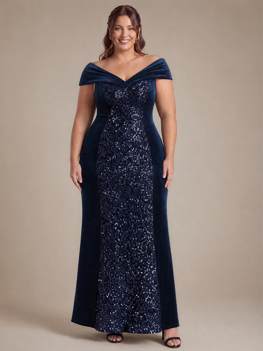 Plus Size Sequin Velvet Mermaid Evening Dress #color_Navy Blue