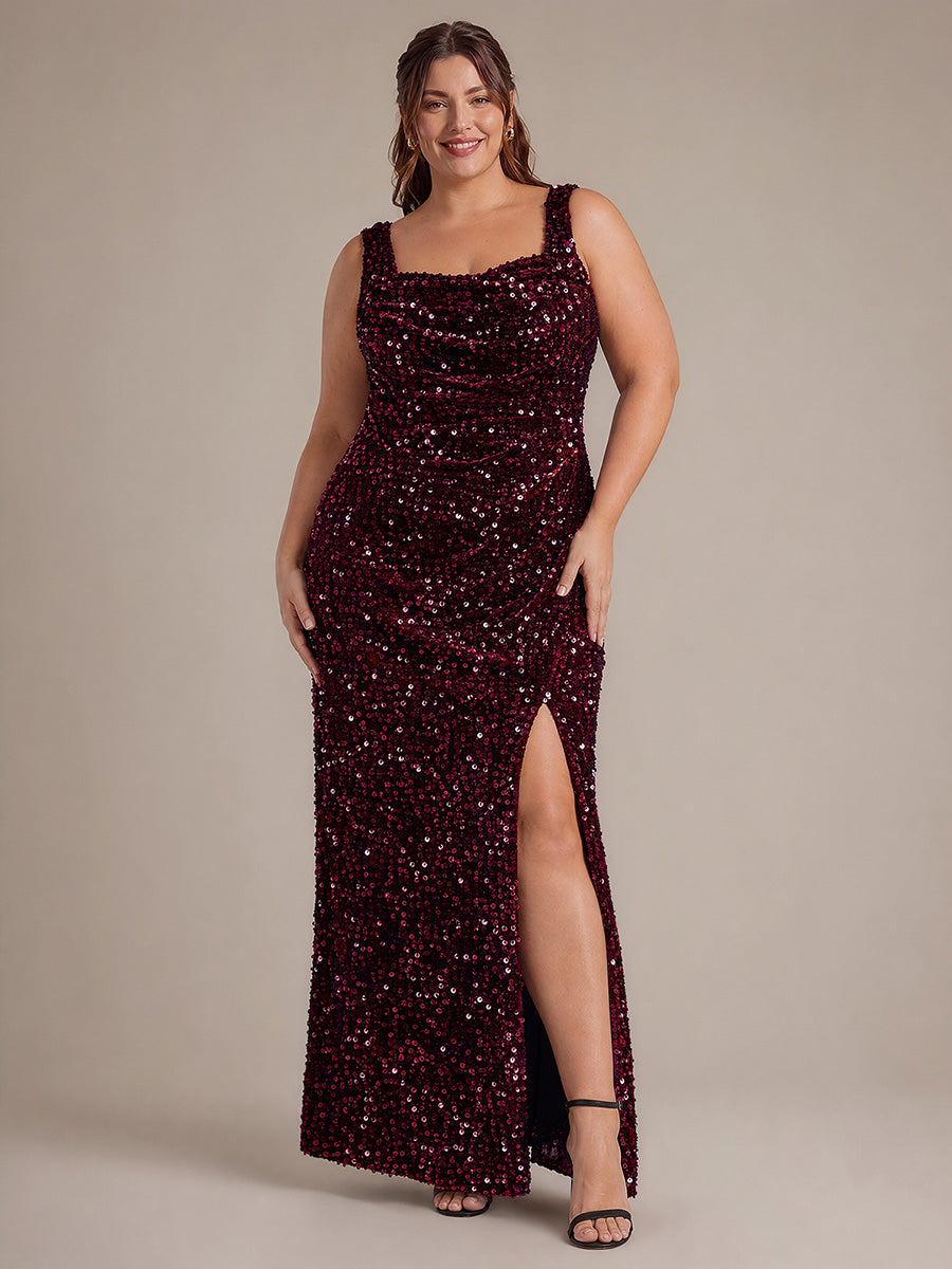 Cowl Neck Sequins Sleeveless Evening Dress #color_Burgundy