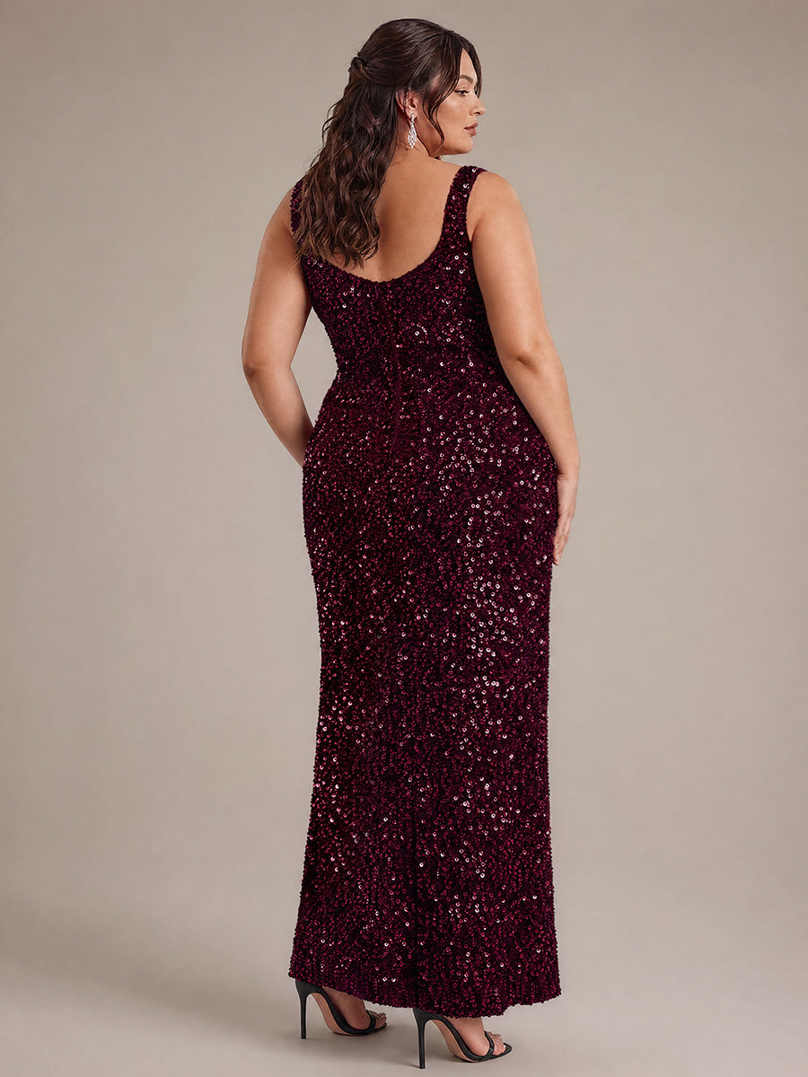 Cowl Neck Sequins Sleeveless Evening Dress #color_Burgundy