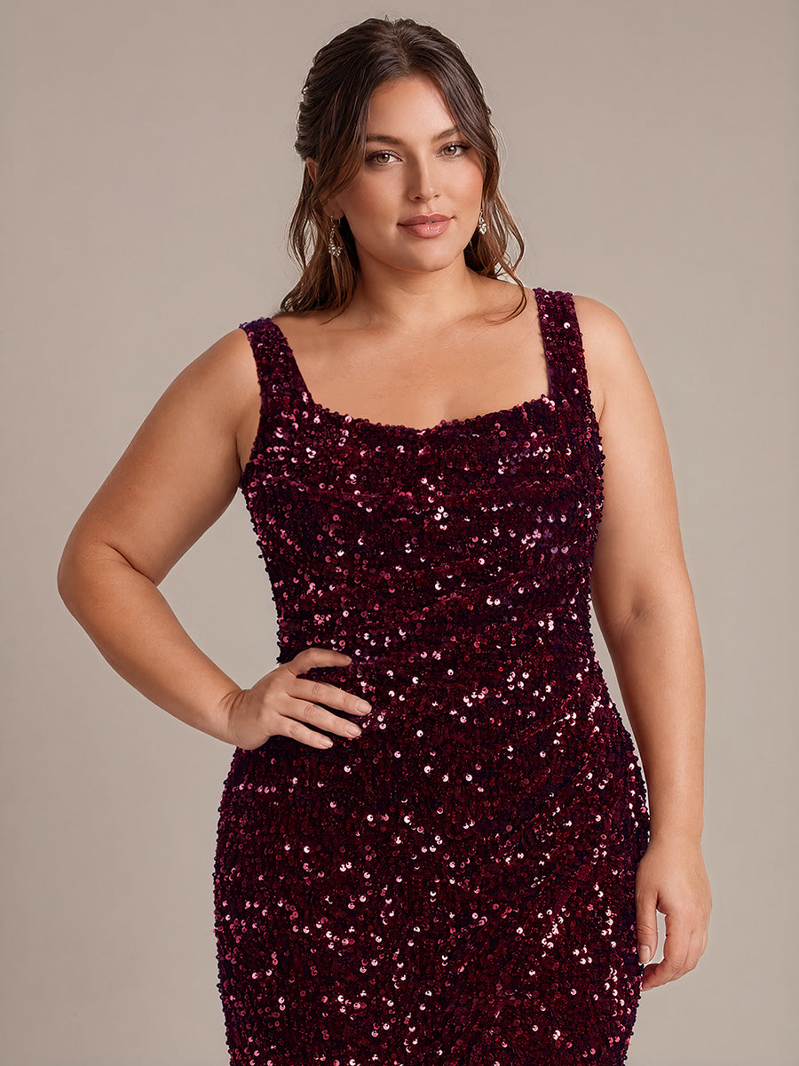Plus Size Cowl Neck Sequin Evening Dress #color_Burgundy