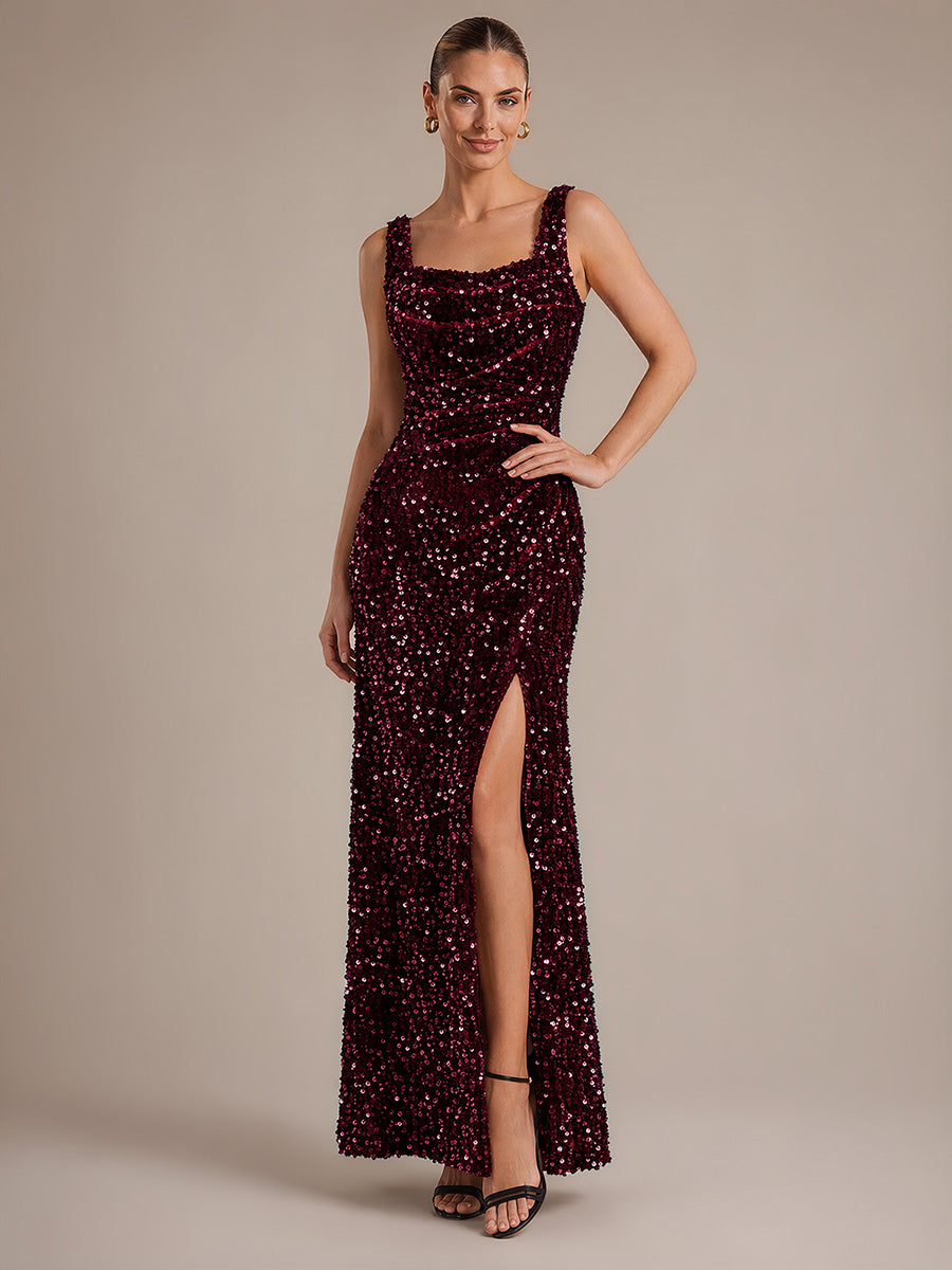 Cowl Neck Sequins Sleeveless Evening Dress #color_Burgundy