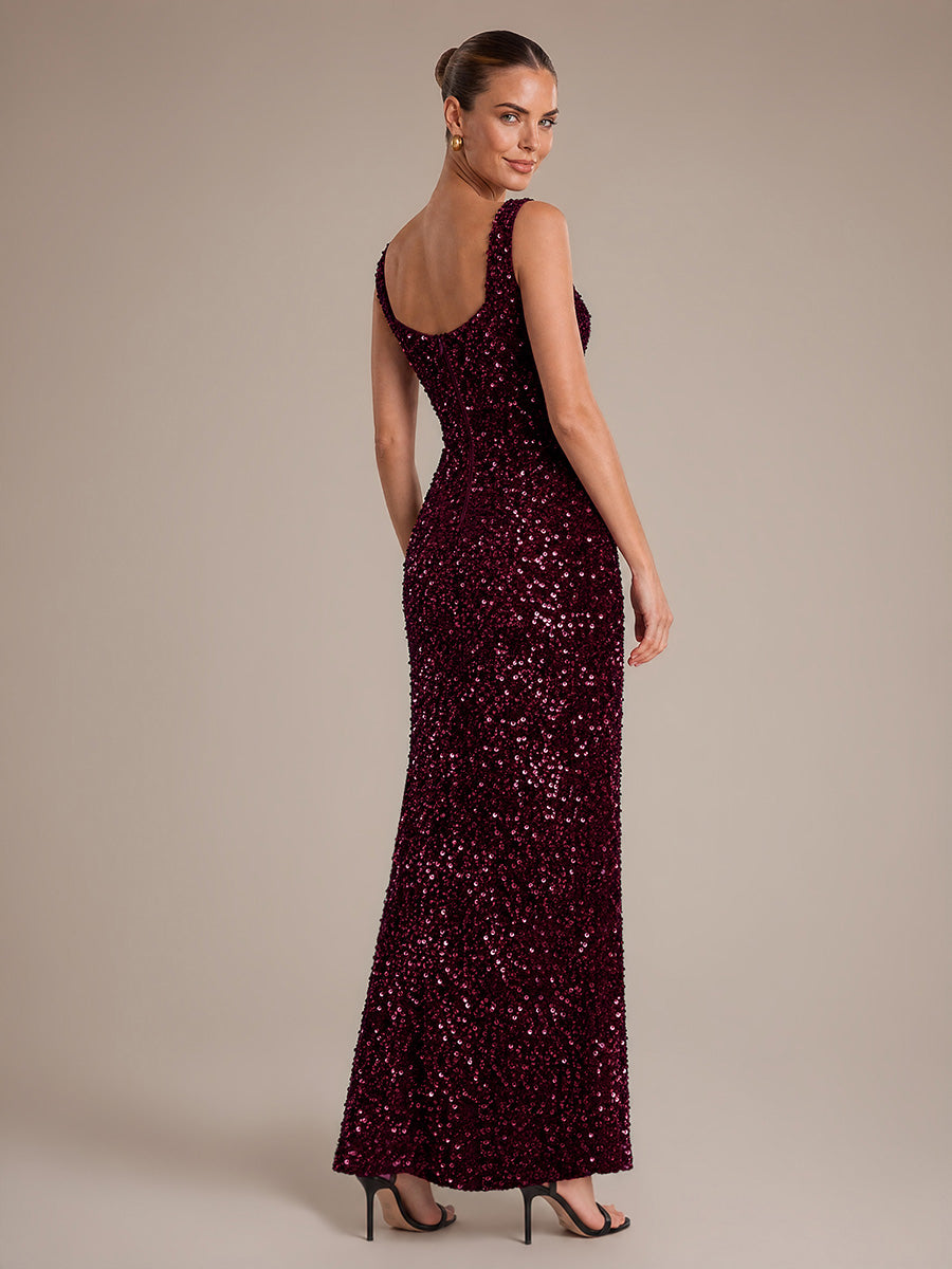 Cowl Neck Sequins Sleeveless Evening Dress #color_Burgundy