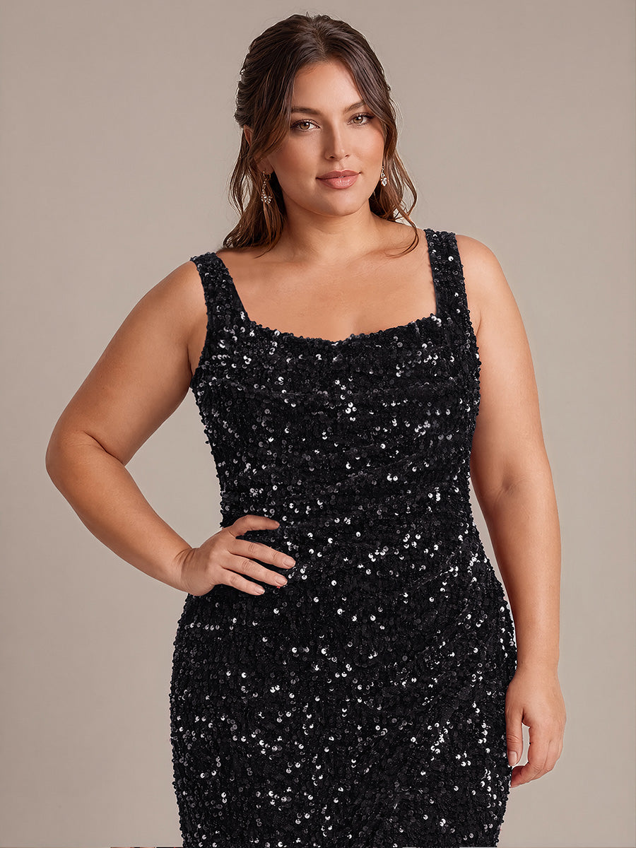 Plus Size Cowl Neck Sequin Evening Dress #color_Black
