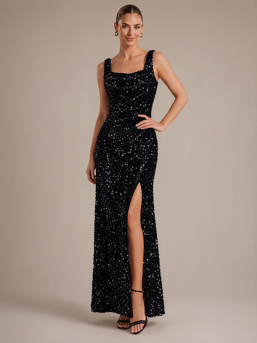 Cowl Neck Sequins Sleeveless Evening Dress #color_Black