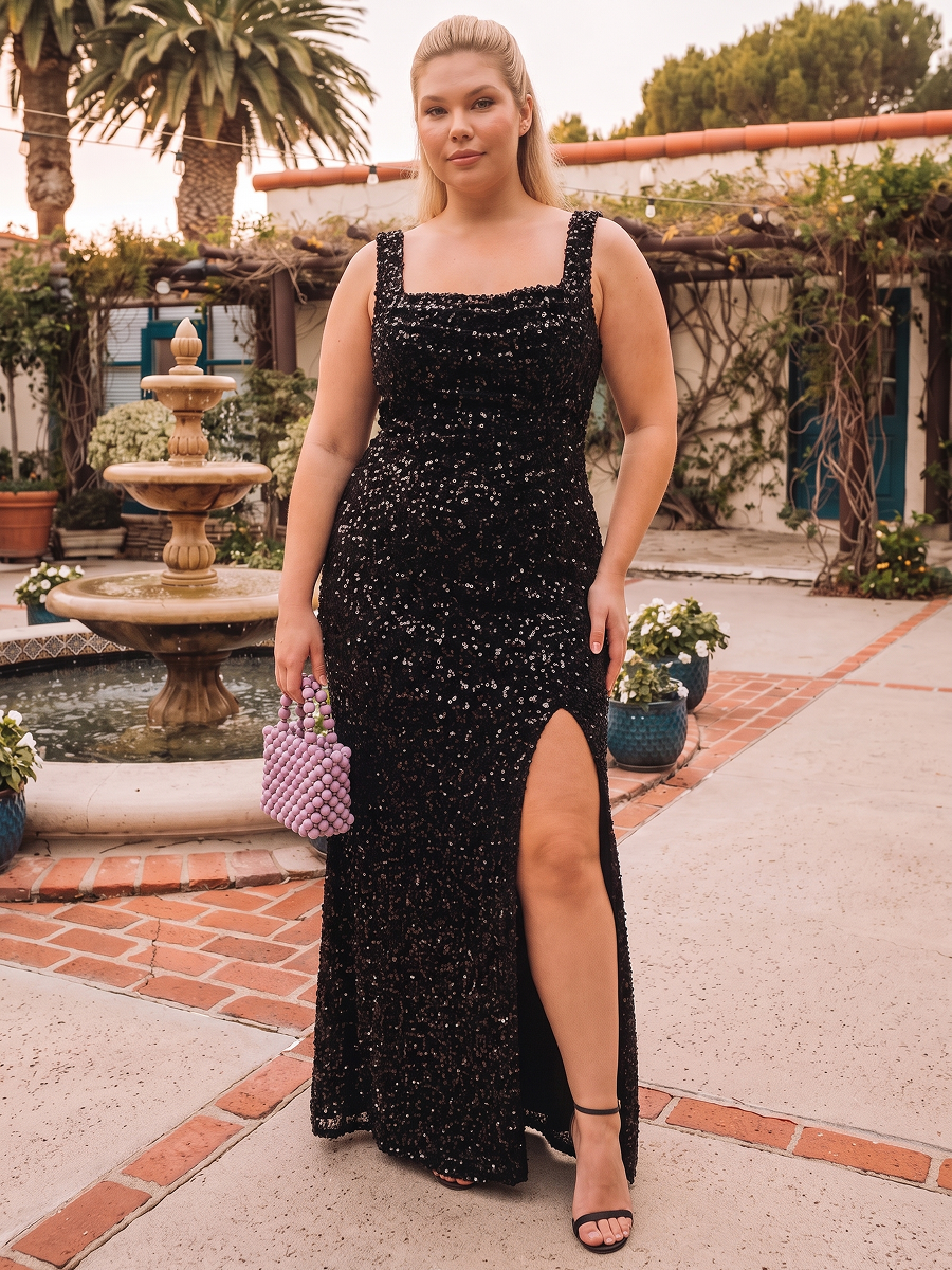 Plus Size Cowl Neck Sequin Evening Dress #color_Black