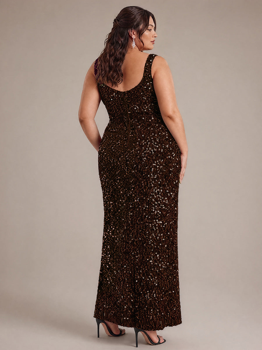 Cowl Neck Sequins Sleeveless Evening Dress #color_Chocolate Brown