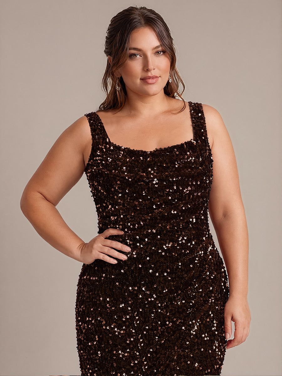 Cowl Neck Sequins Sleeveless Evening Dress #color_Chocolate Brown
