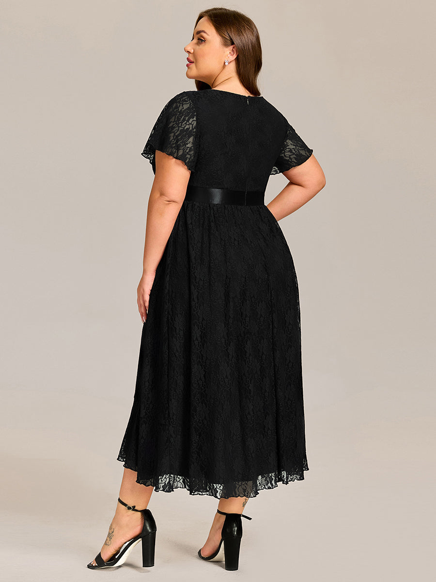 Ruffled Sleeve Empire Waist Lace Wedding Guest Dress #color_Black