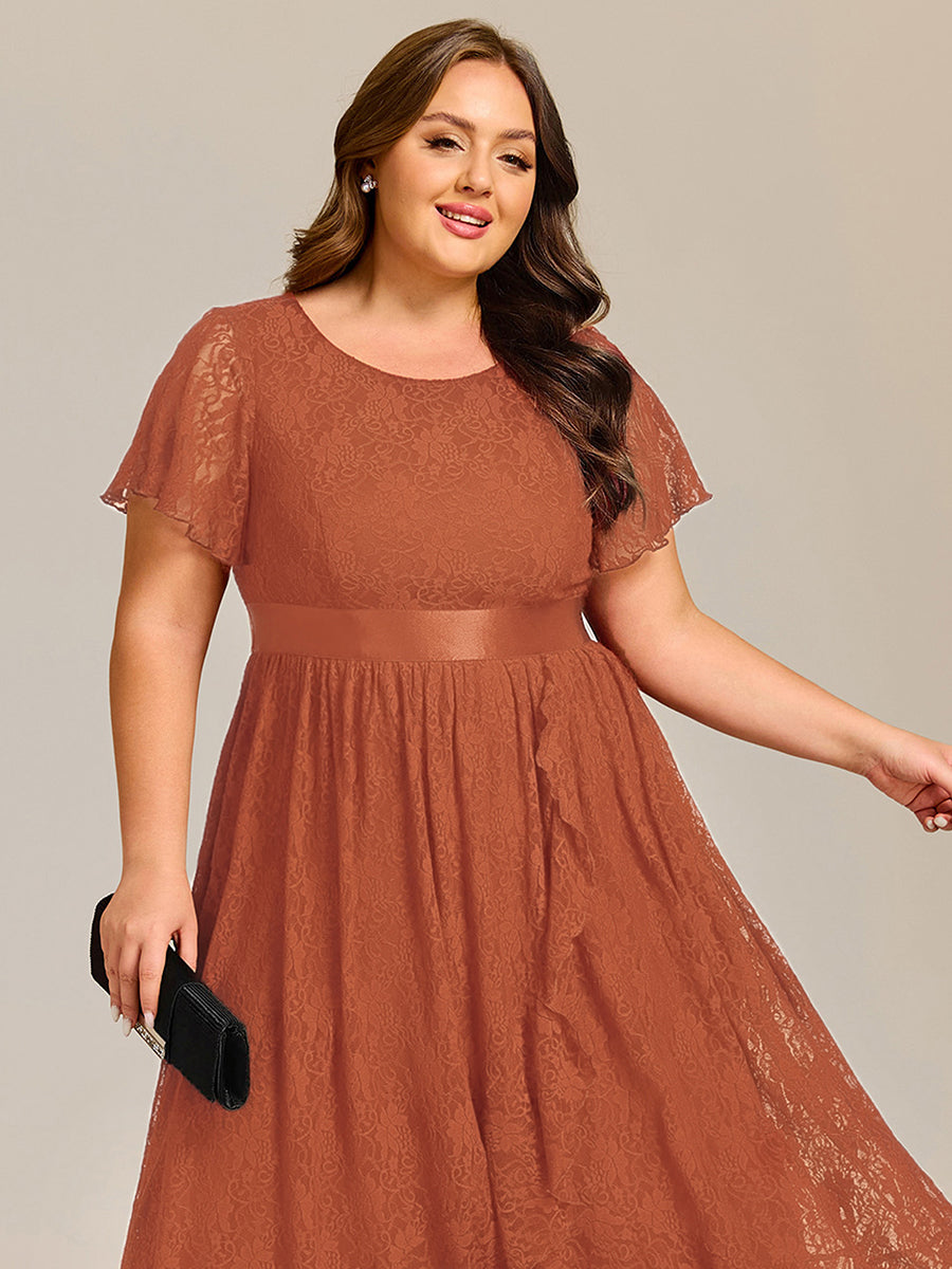 Plus Size Lace Short Sleeve Round Neckline Midi Formal Dress #color_Burnt Orange