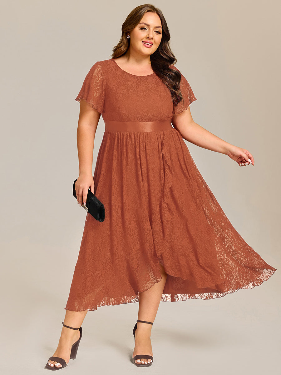 Ruffled Sleeve Empire Waist Lace Wedding Guest Dress #color_Burnt Orange