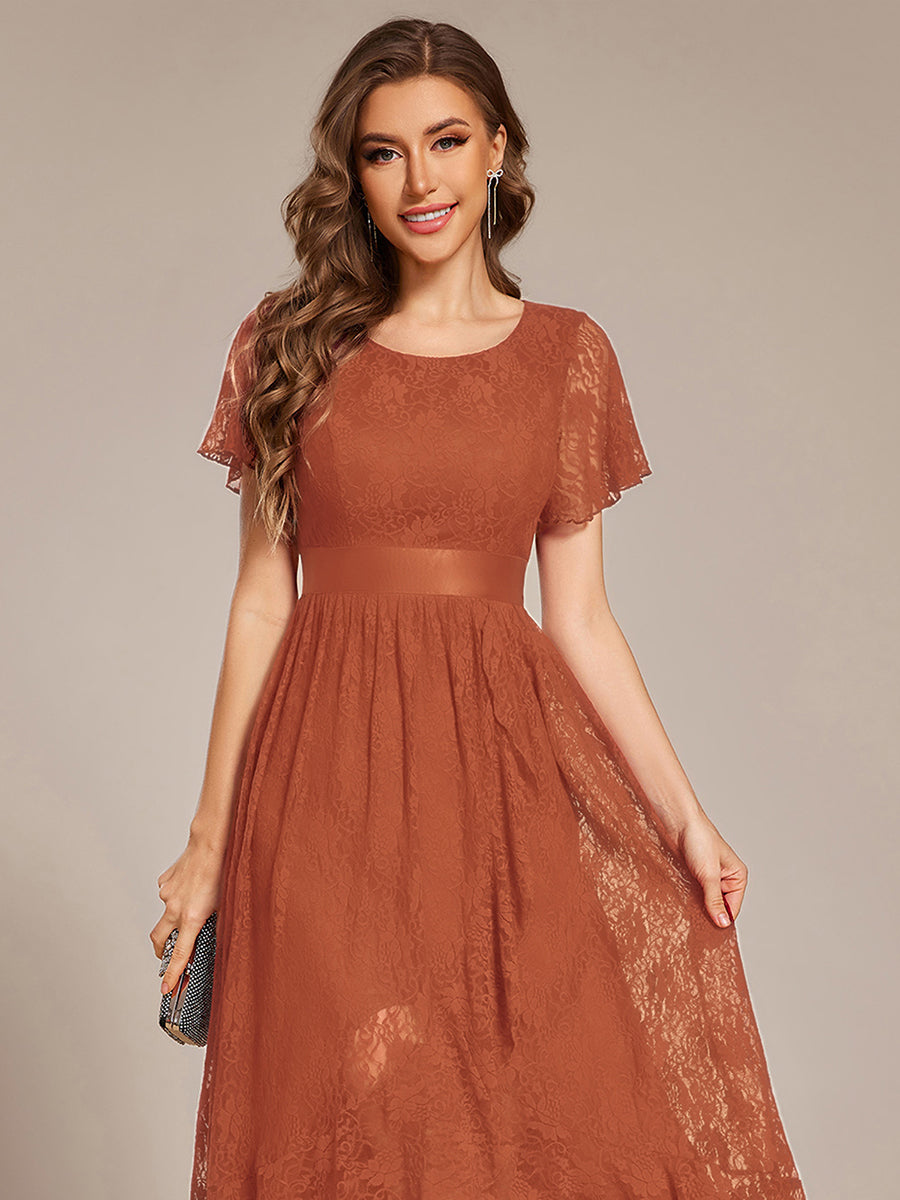 Ruffled Sleeve Empire Waist Lace Wedding Guest Dress #color_Burnt Orange