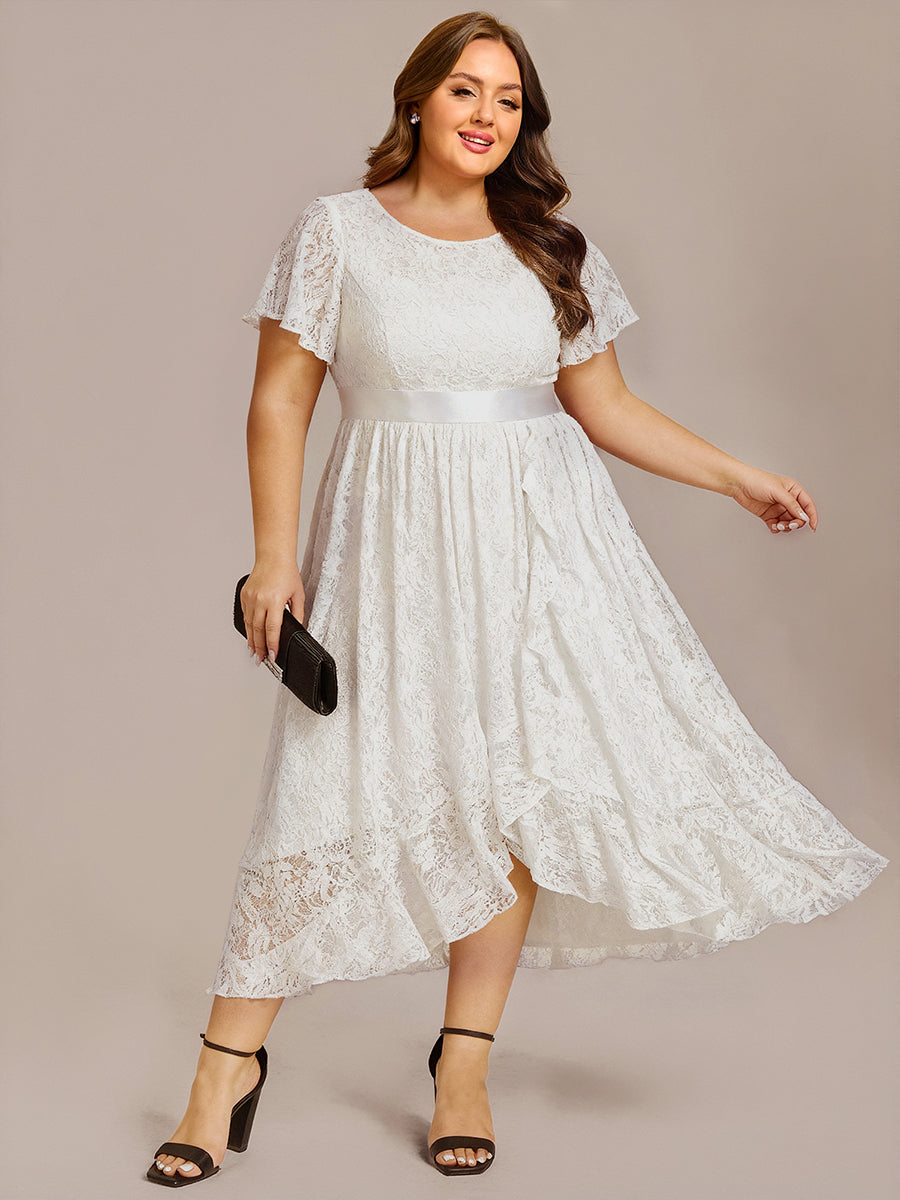 Ruffled Sleeve Empire Waist Lace Wedding Guest Dress #color_White