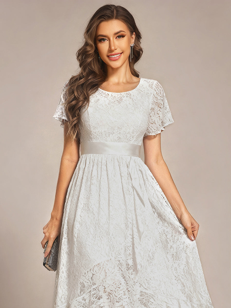 Ruffled Sleeve Empire Waist Lace Wedding Guest Dress #color_White