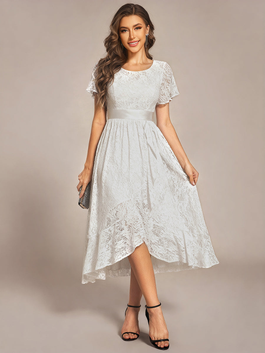 Ruffled Sleeve Empire Waist Lace Wedding Guest Dress #color_White