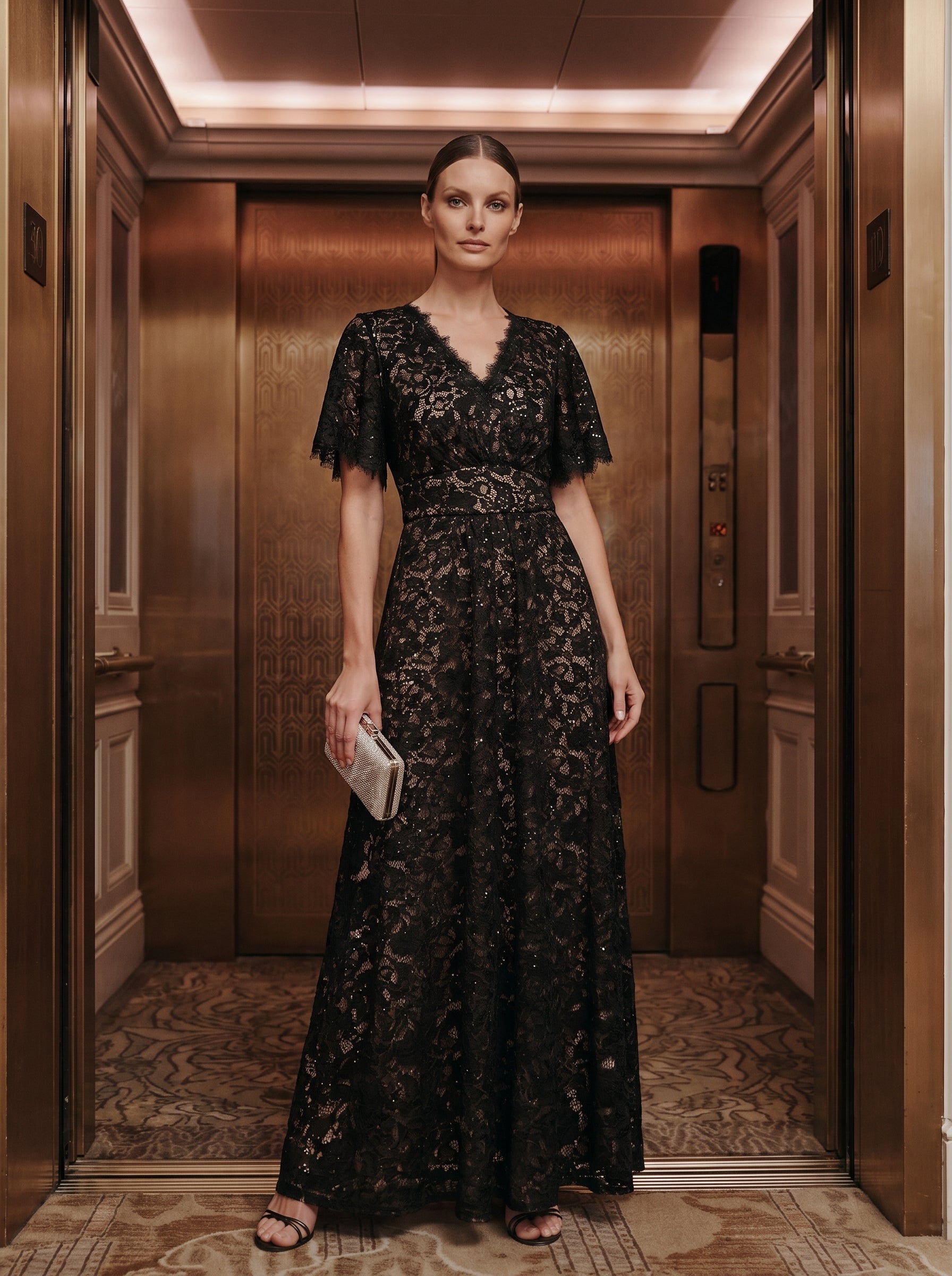 Lace Ruffle Sleeve A-Line Evening Dress #color_Black