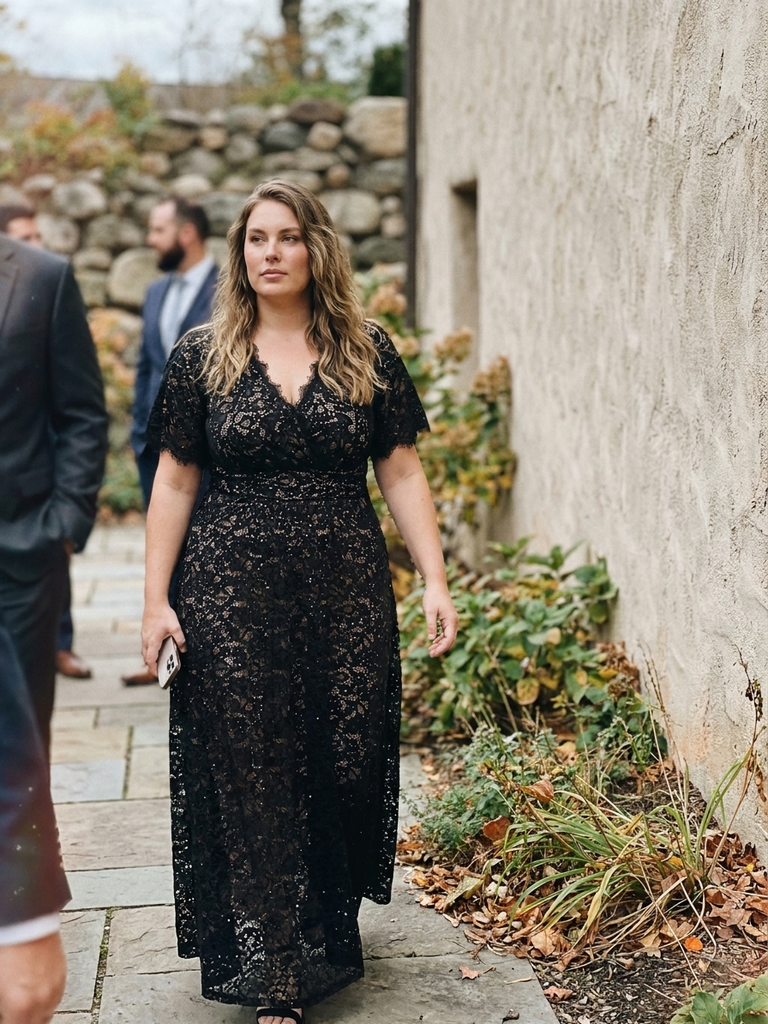 Plus Size Lace Ruffle Sleeve Evening Dress #color_Black