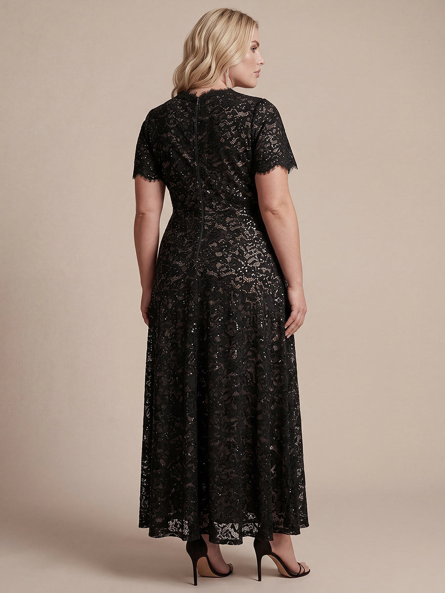 Lace Ruffle Sleeve A-Line Evening Dress #color_Black