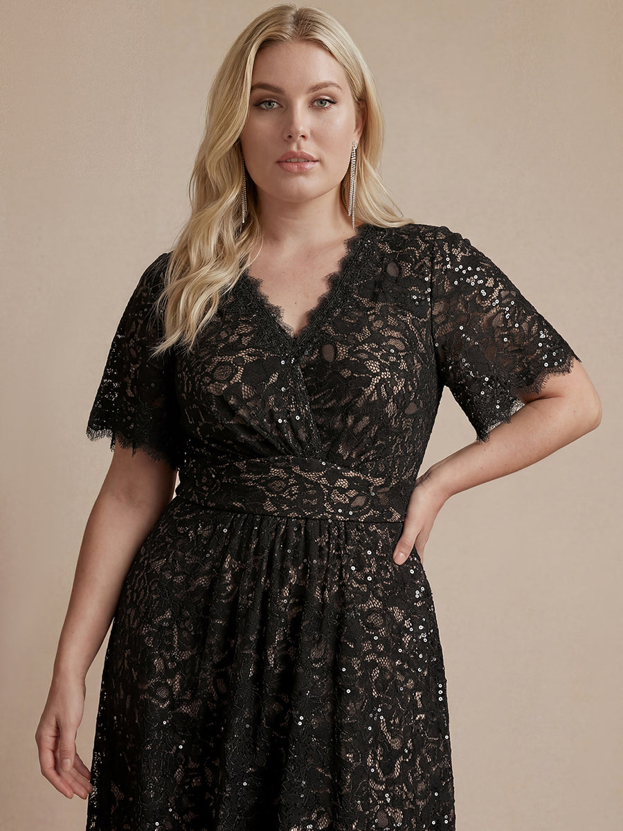 Plus Size Lace Ruffle Sleeve Evening Dress #color_Black
