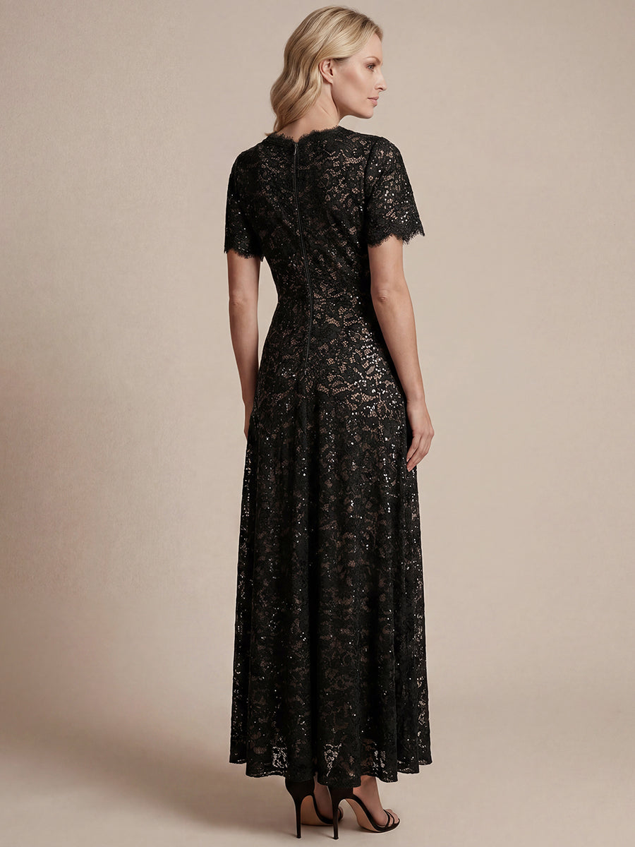 Lace Ruffle Sleeve A-Line Evening Dress #color_Black