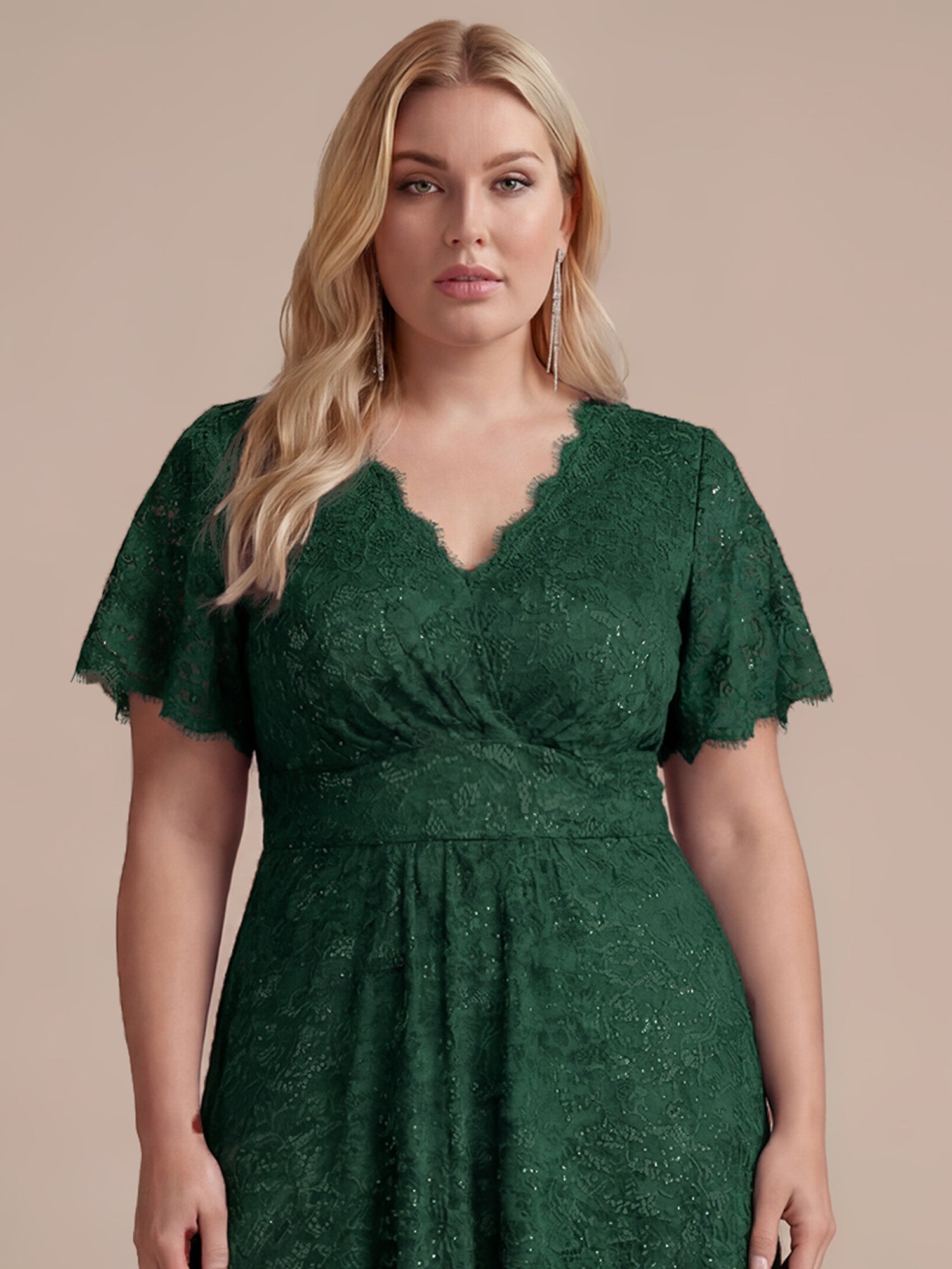 Plus Size Lace Ruffle Sleeve Evening Dress #color_Dark Green