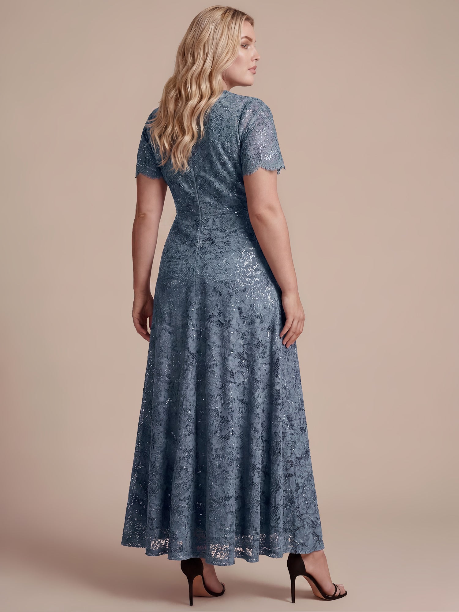 Plus Size Lace Ruffle Sleeve Evening Dress #color_Dusty Blue