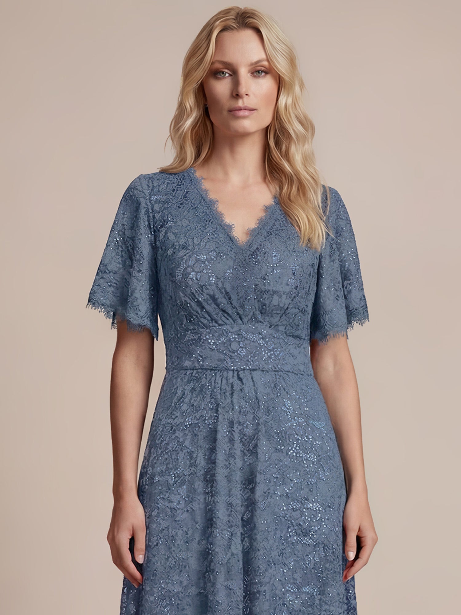 Lace Ruffle Sleeve A-Line Evening Dress #color_Dusty Blue