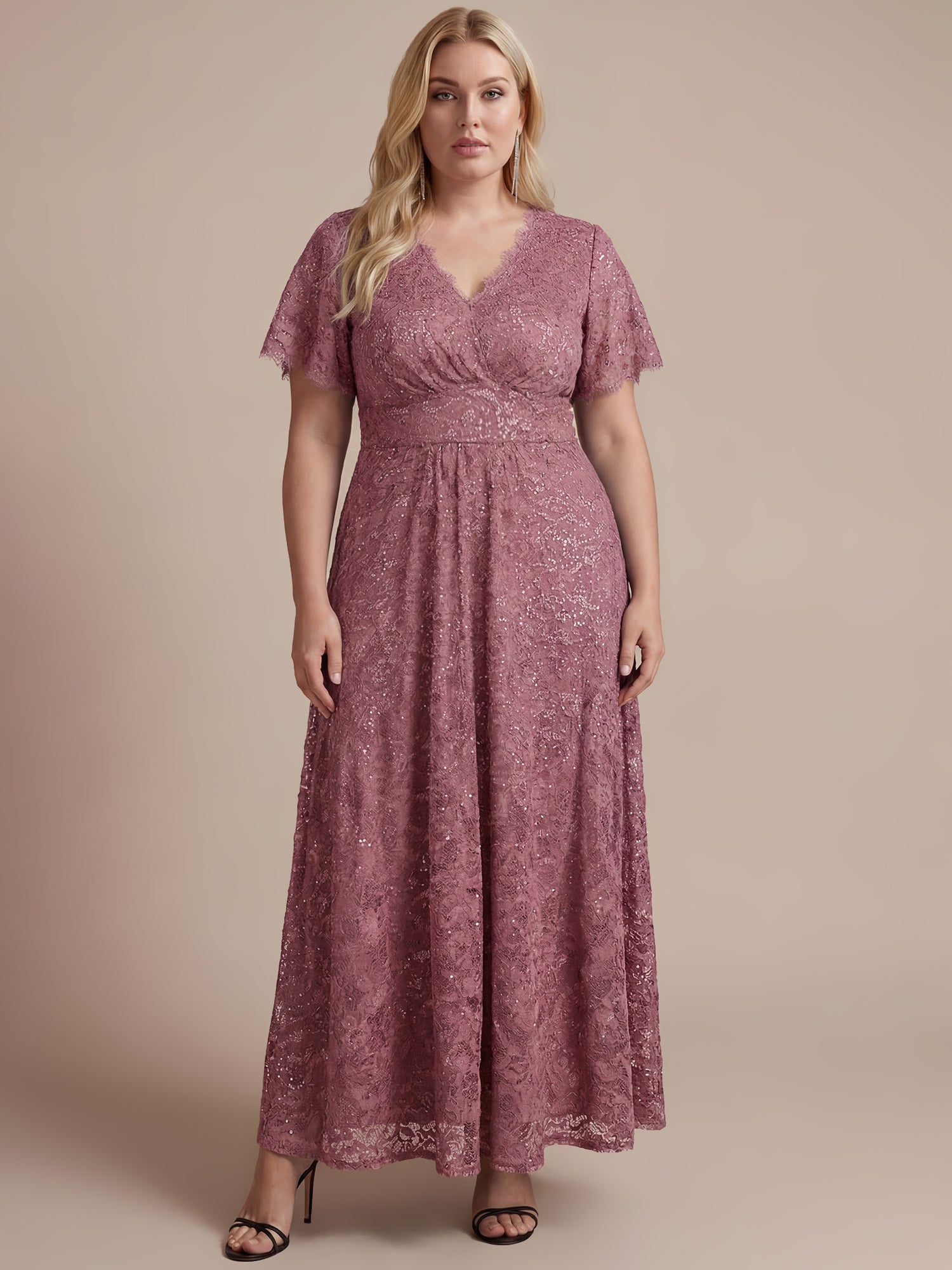 Lace Ruffle Sleeve A-Line Evening Dress #color_Purple Orchid