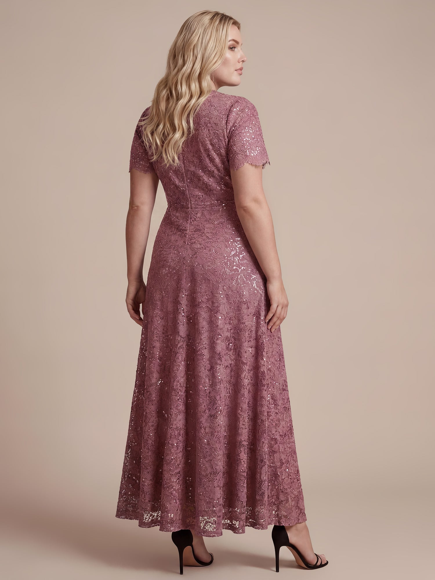 Plus Size Lace Ruffle Sleeve Evening Dress #color_Purple Orchid