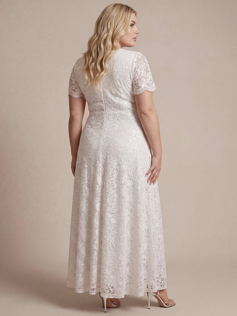 Lace Ruffle Sleeve A-Line Evening Dress #color_White