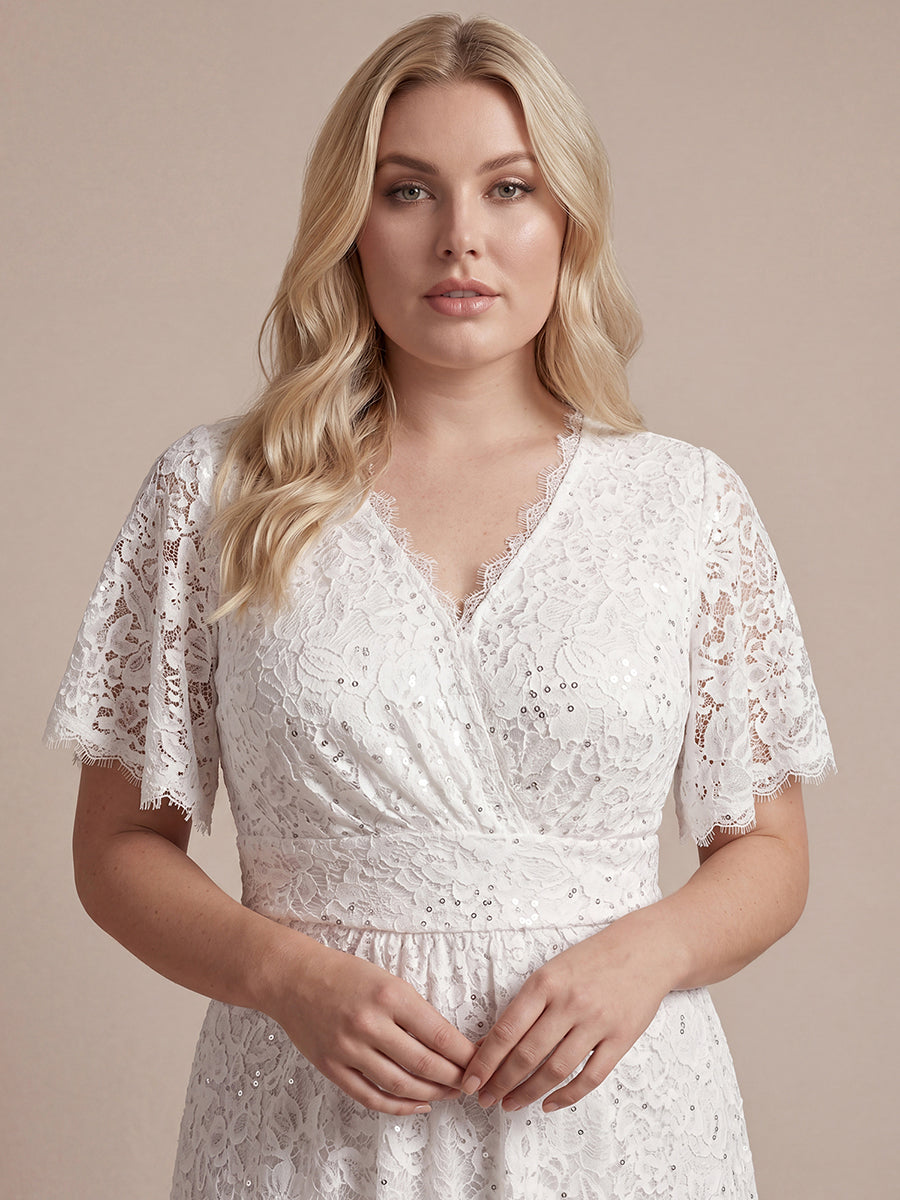 Plus Size Lace Ruffle Sleeve Evening Dress #color_White