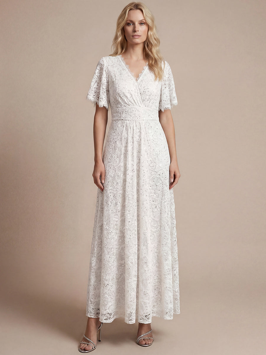 Lace Ruffle Sleeve A-Line Evening Dress #color_White