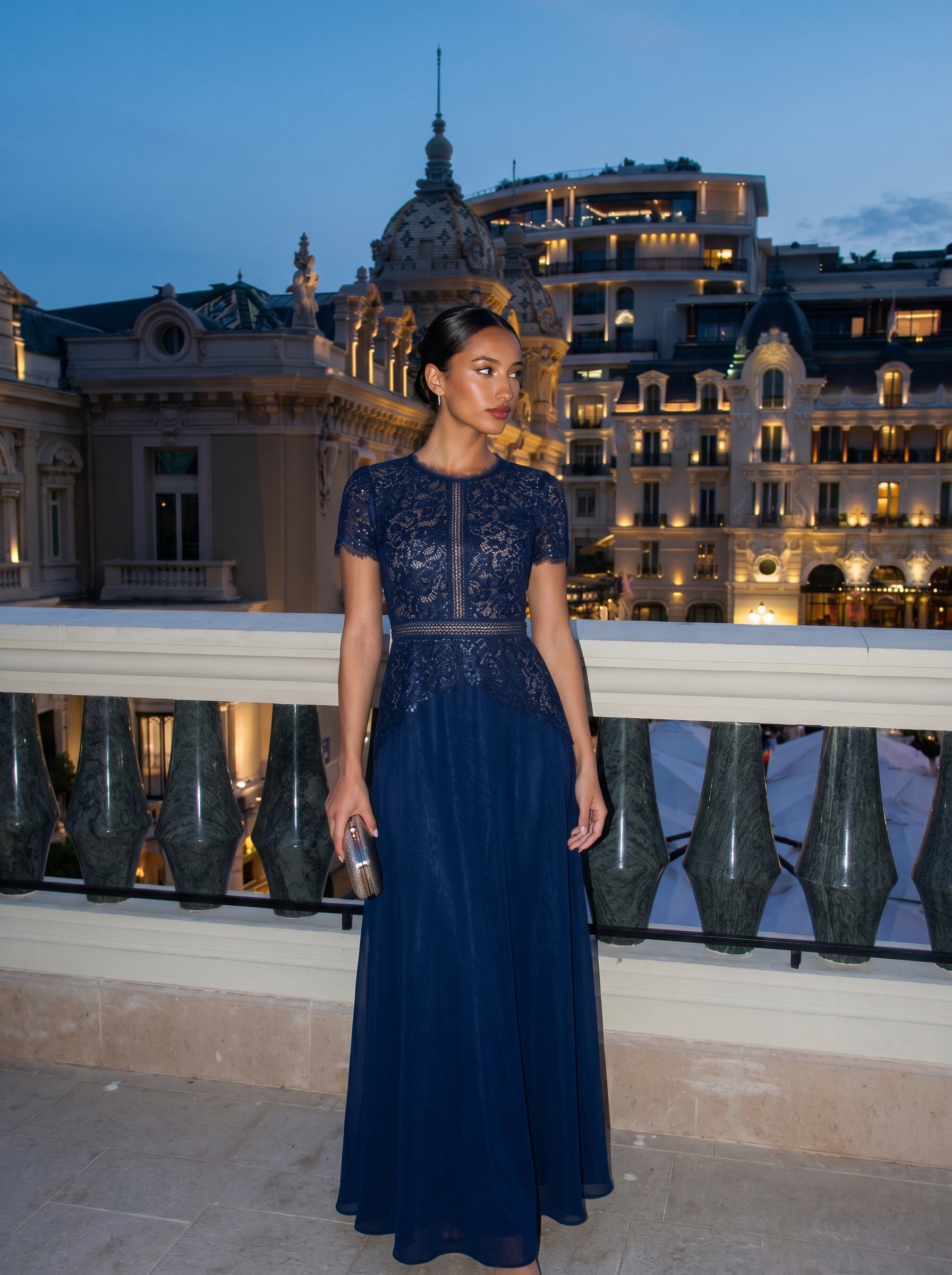Sequin Lace Round Neck Evening Dress #color_Navy Blue