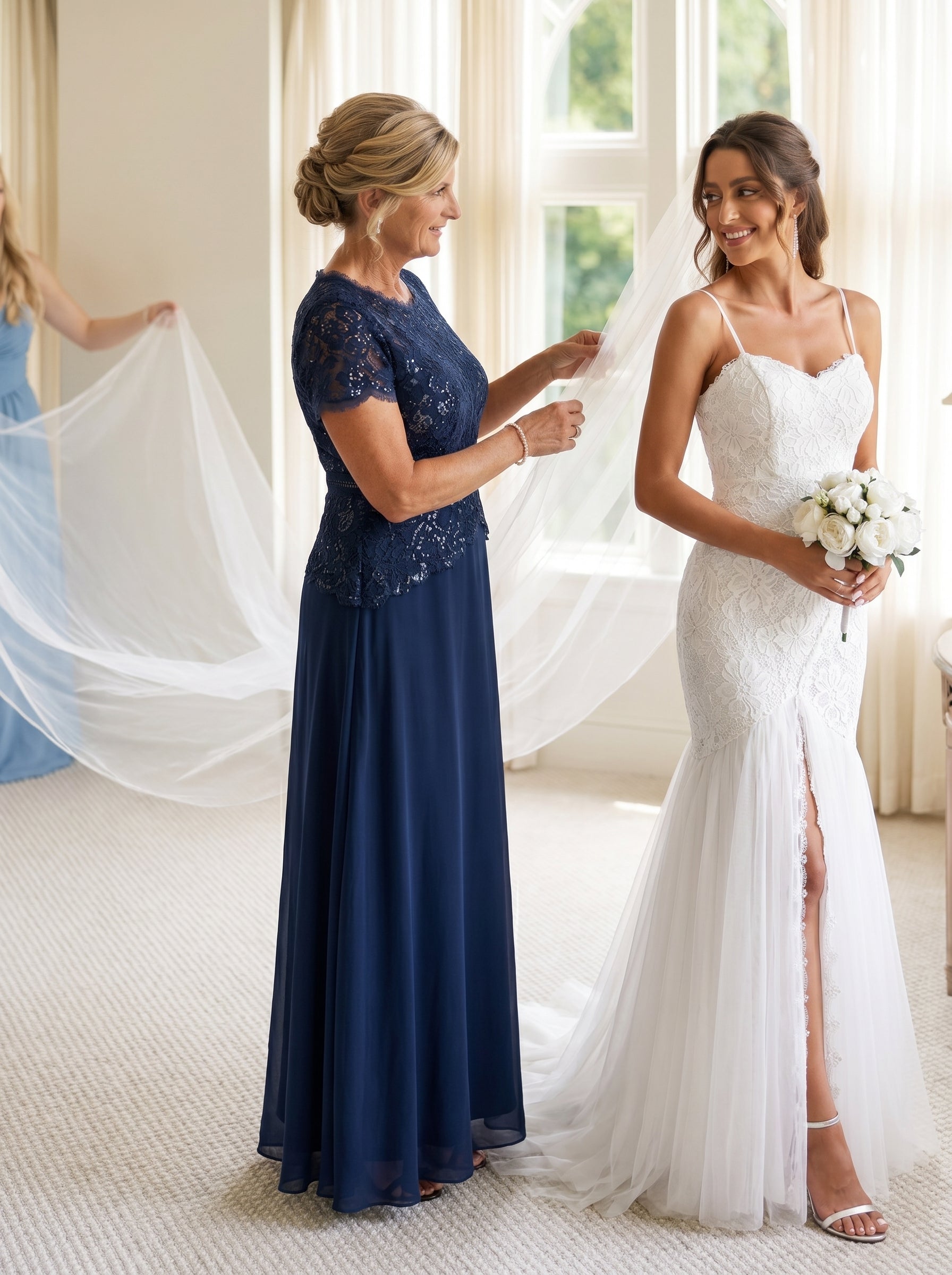 Sequin Lace Round Neck Evening Dress #color_Navy Blue