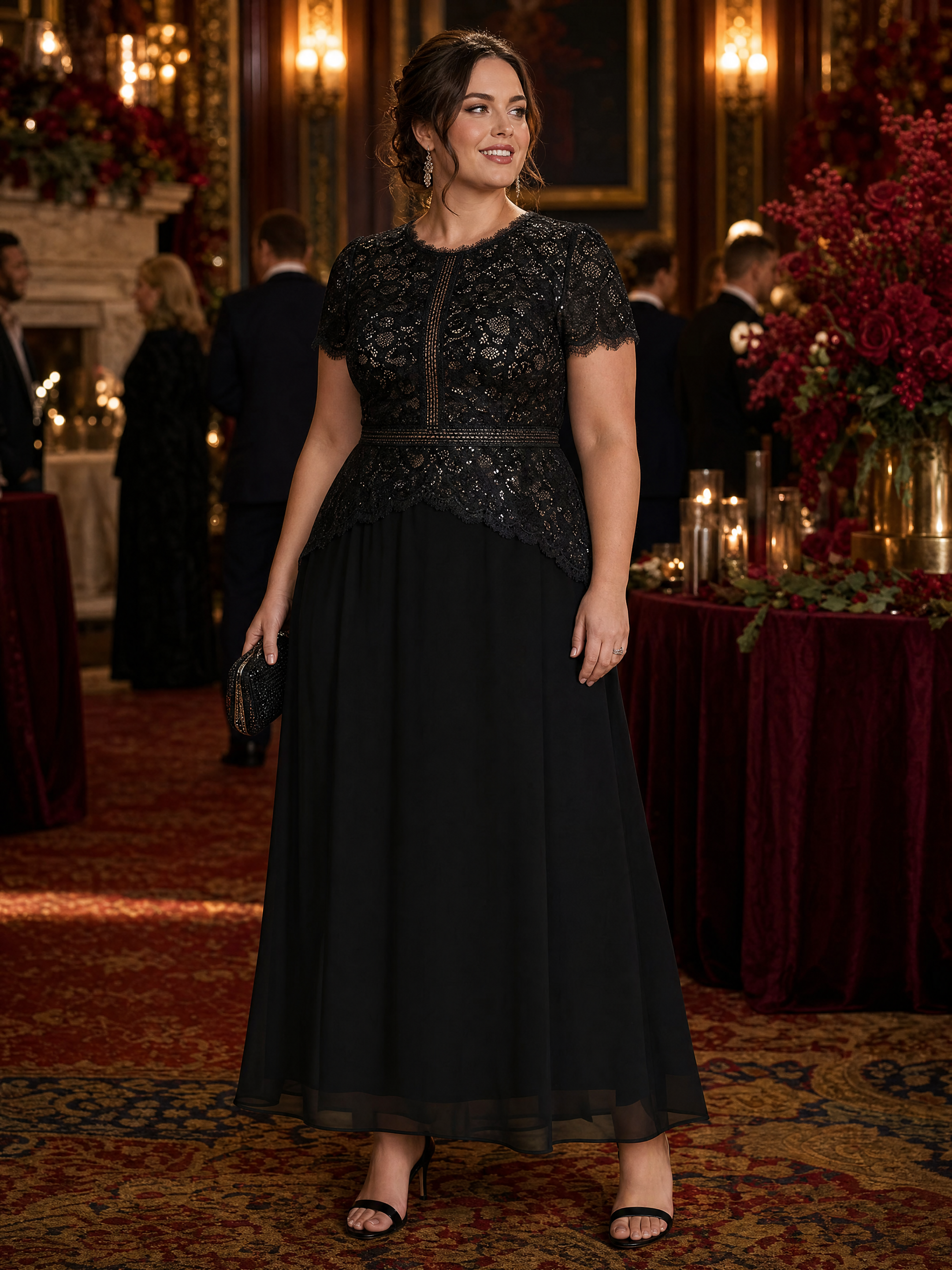 Plus Size Lace Puff Sleeve Evening DressDress #color_Black