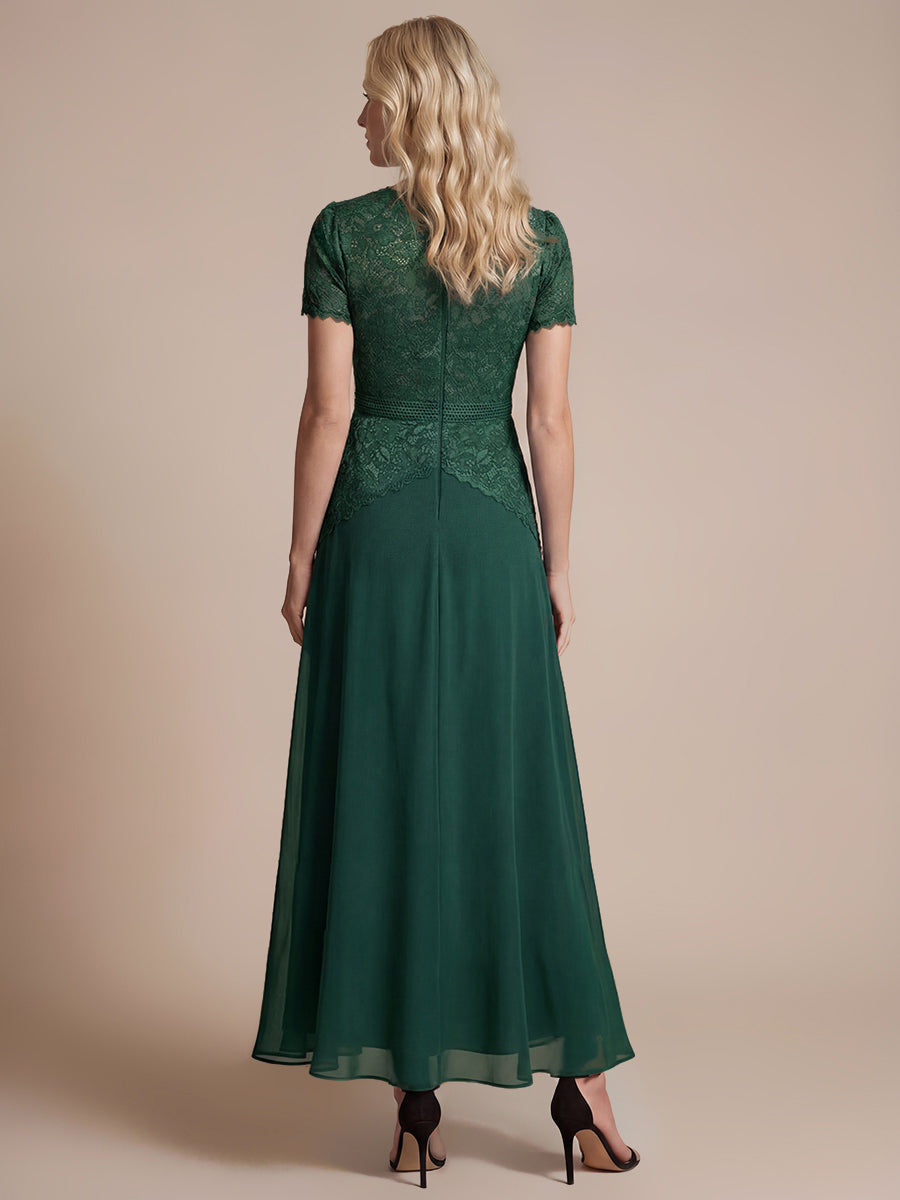 Sequin Lace Round Neck Evening Dress #color_Dark Green