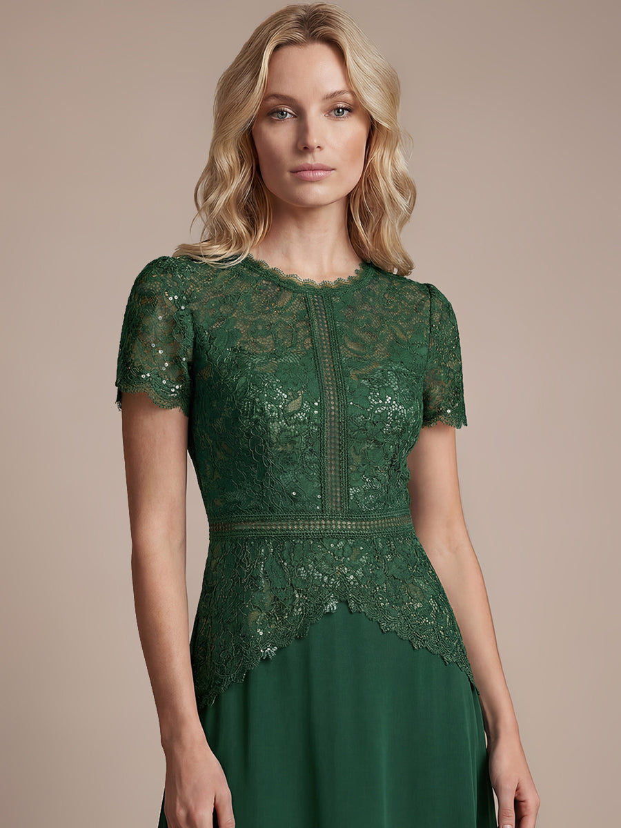 Sequin Lace Round Neck Evening Dress #color_Dark Green