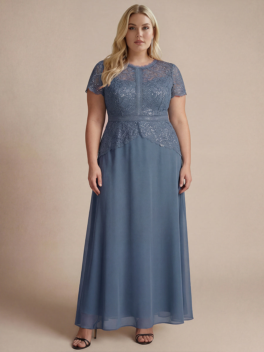 Sequin Lace Round Neck Evening Dress #color_Dusty Blue