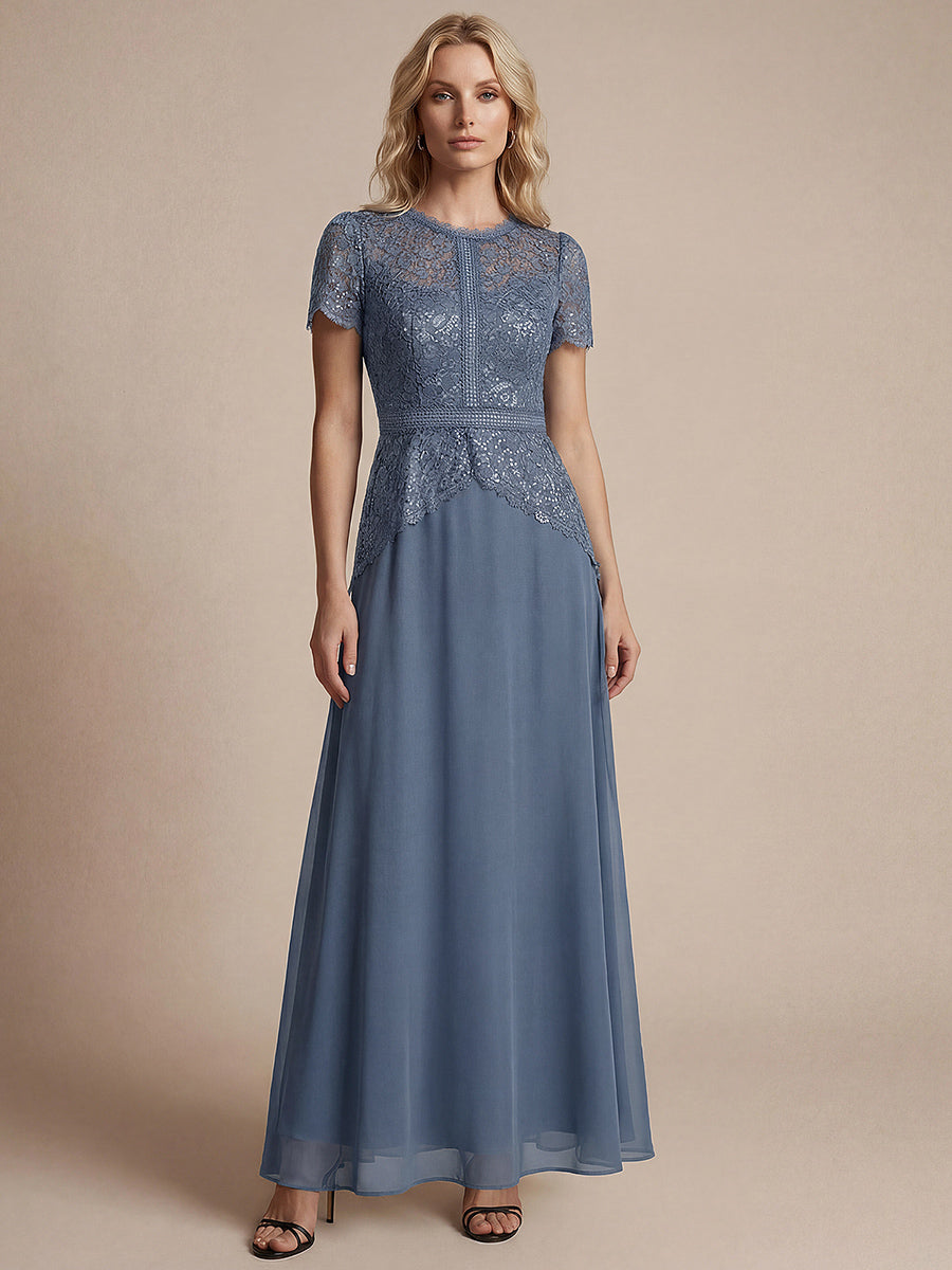 Sequin Lace Round Neck Evening Dress #color_Dusty Blue