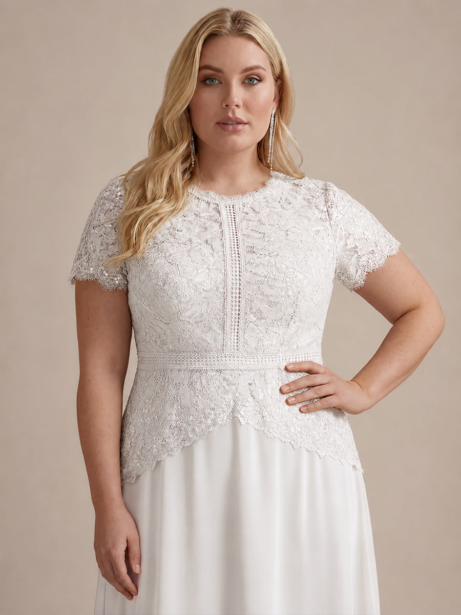 Sequin Lace Round Neck Evening Dress #color_White