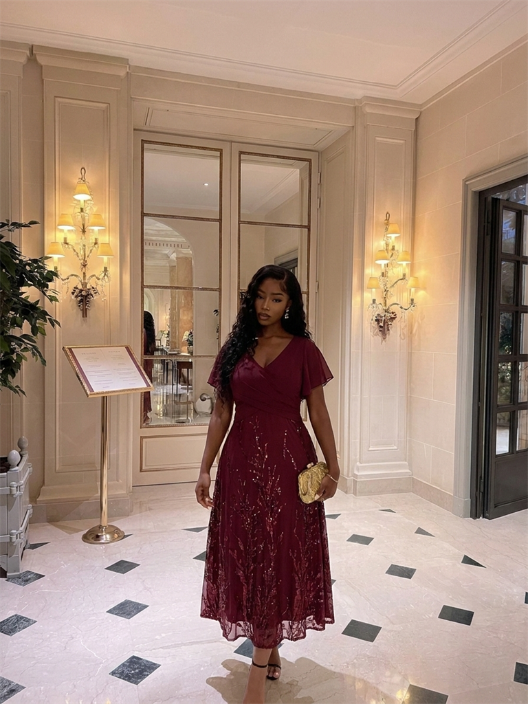 Sequin Chiffon A-Line Evening Dress #color_Burgundy