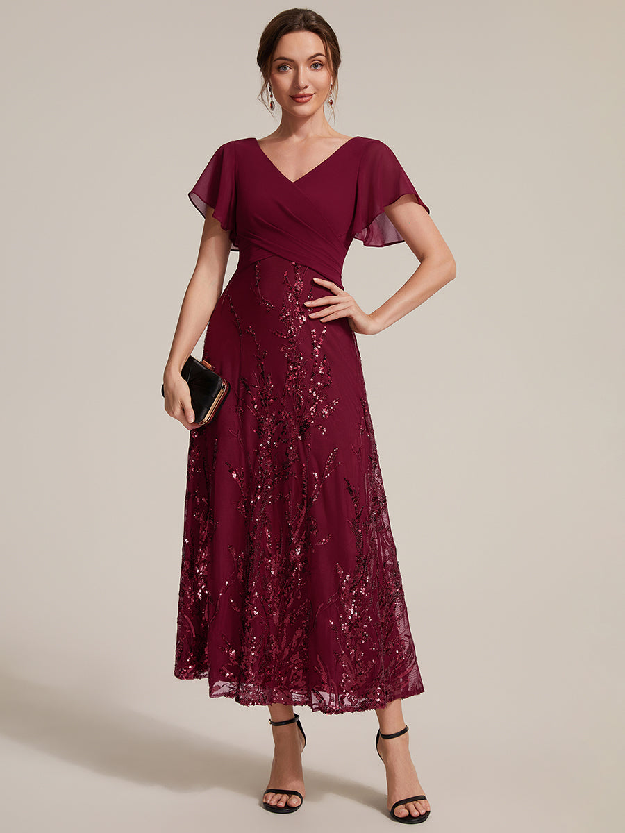 Sequin Chiffon A-Line Evening Dress #color_Burgundy