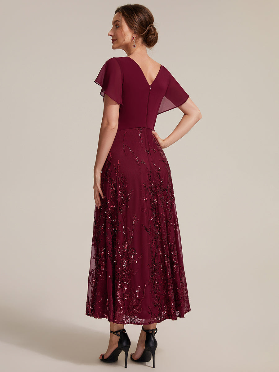 Sequin Chiffon A-Line Evening Dress #color_Burgundy