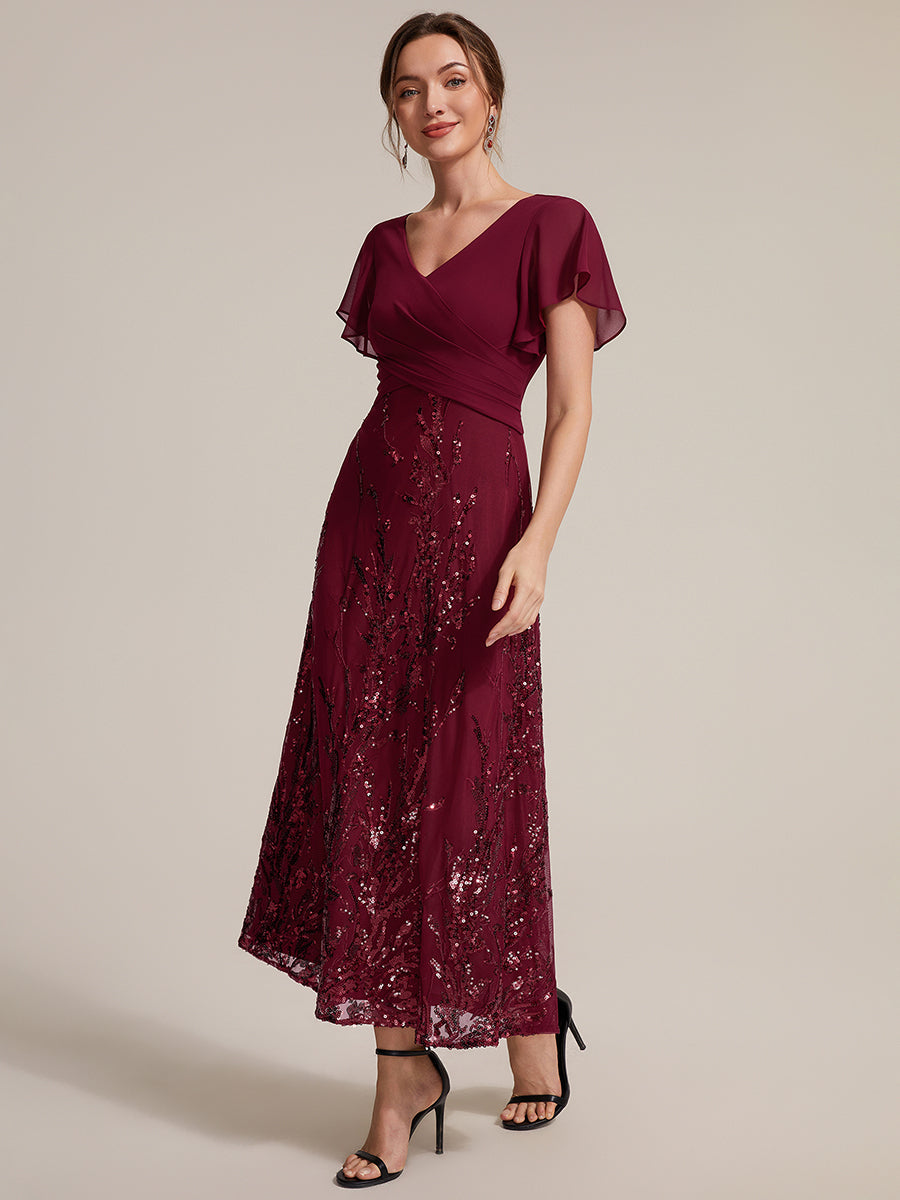 Sequin Chiffon A-Line Evening Dress #color_Burgundy